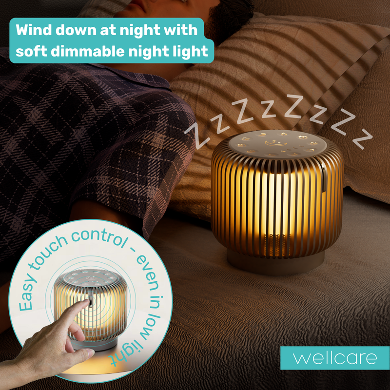 Wellcare 3-in-1 Night Light glowing warm beside a person asleep in bed, with an inset of a finger touching the top control and text about its soft dimmable night light