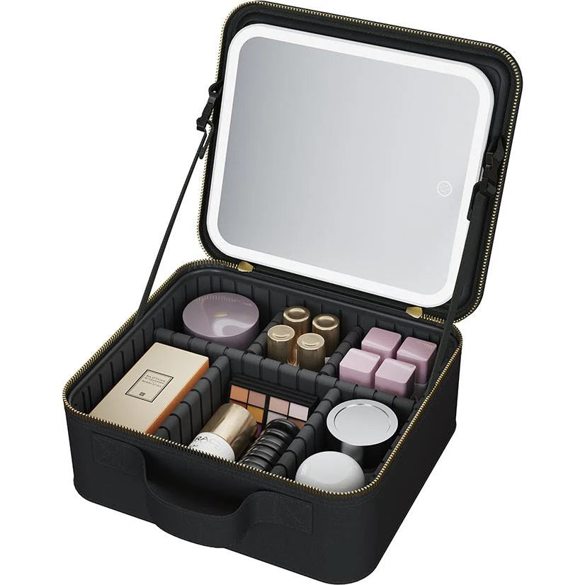 Black Wellcare cosmetic bag open with cosmetics standing in the dividers and the lid mirror lit, on a white background