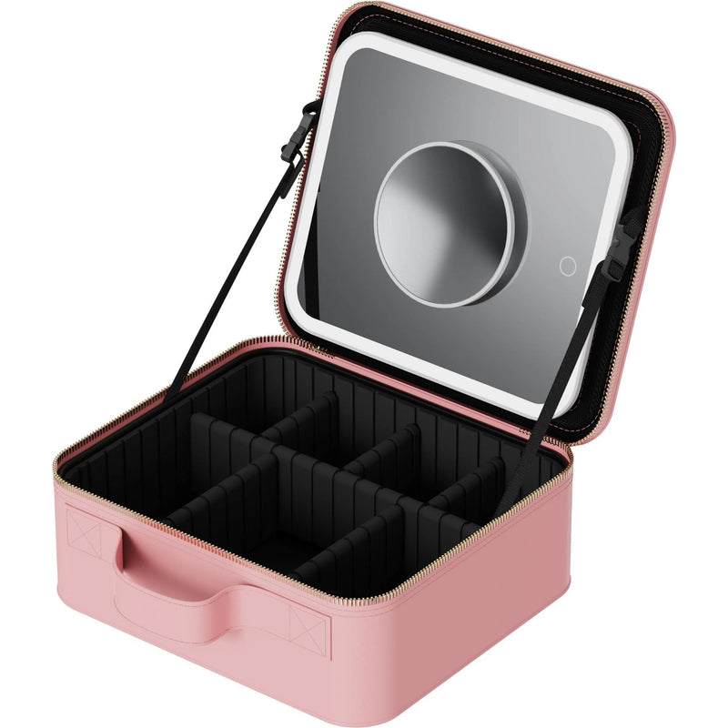 Pink Wellcare cosmetic bag open at an angle with the magnifier visible on the lid mirror, on a white background