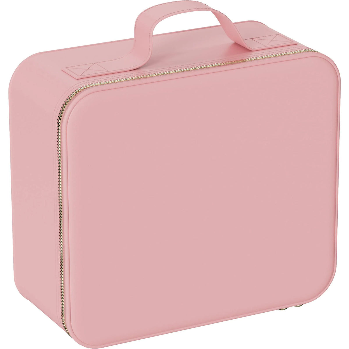 Pink Wellcare cosmetic bag closed, showing the top carry handle, on a plain white background