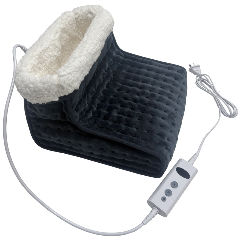 Navy plush Wellcare electric foot warmer with a cream sherpa cuff, corded controller and plug, on a white background