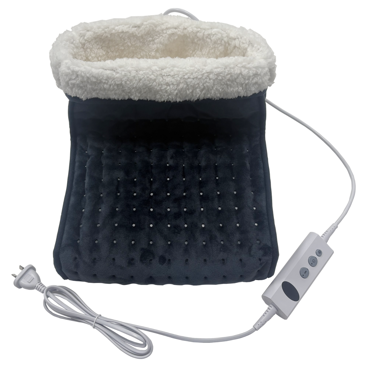 Front view of the Wellcare electric foot warmer with its controller and plug, on a plain white background
