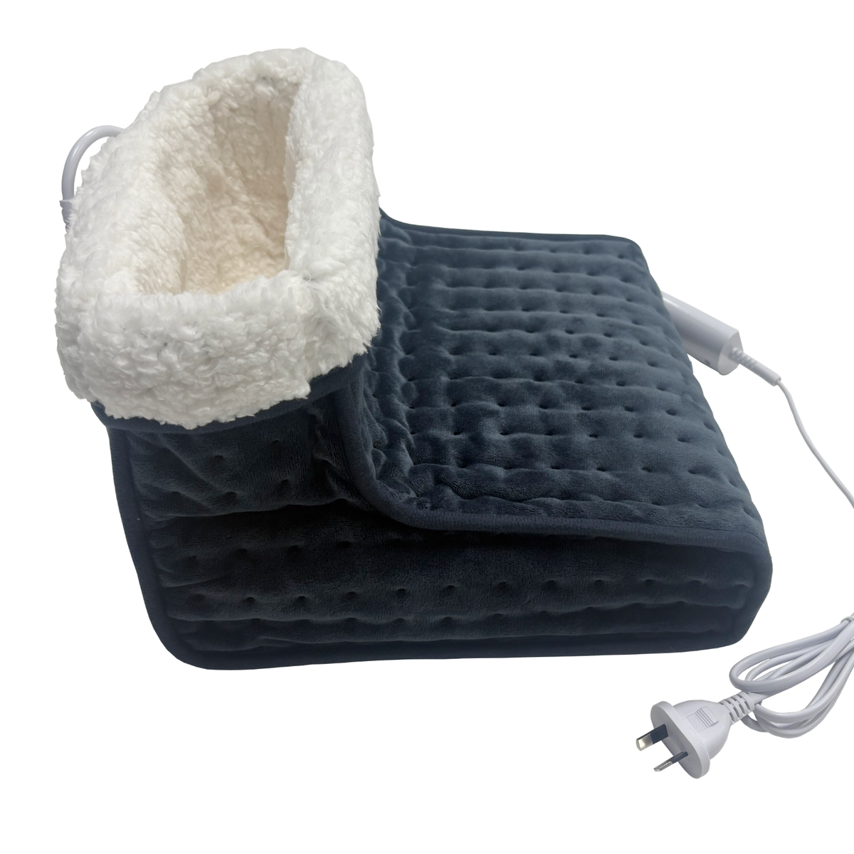 Side view of the navy Wellcare electric foot warmer on a plain white background