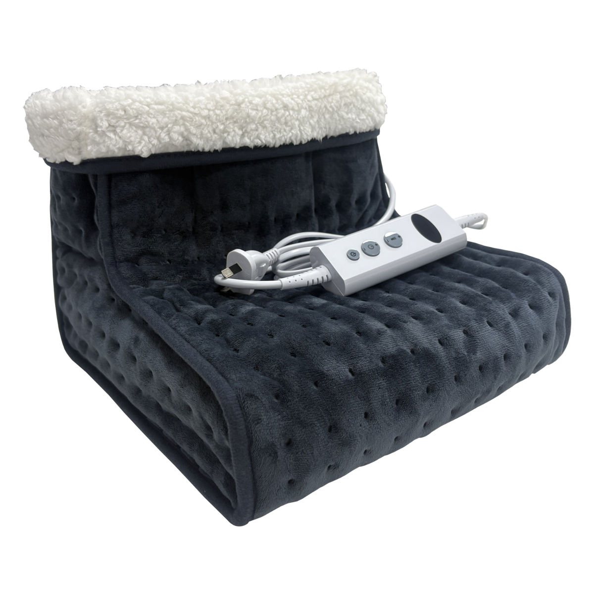Wellcare electric foot warmer at an angle with the digital controller resting on top, on a white background