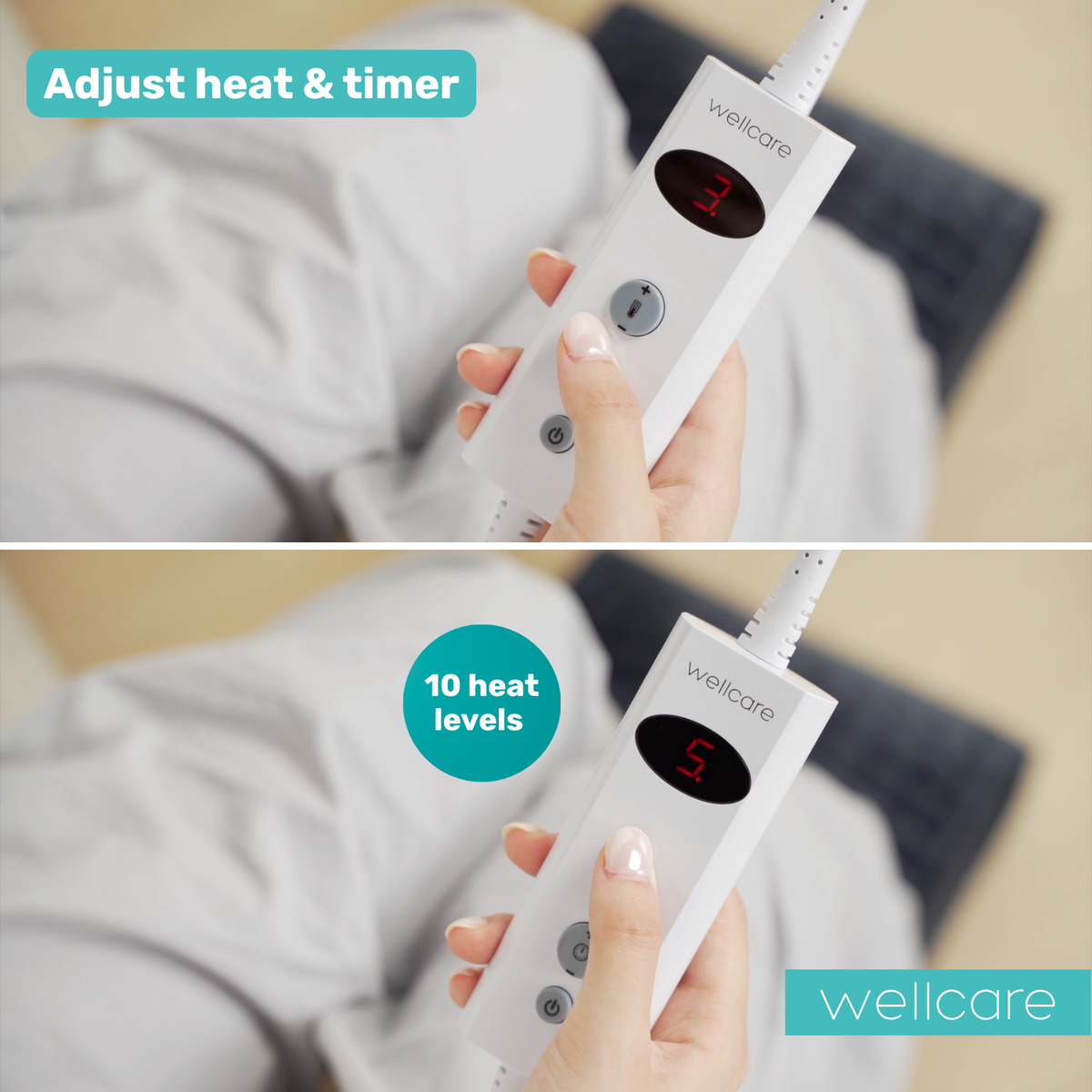 Hand holding the Wellcare foot warmer controller, with text about adjusting heat and timer and 10 heat levels