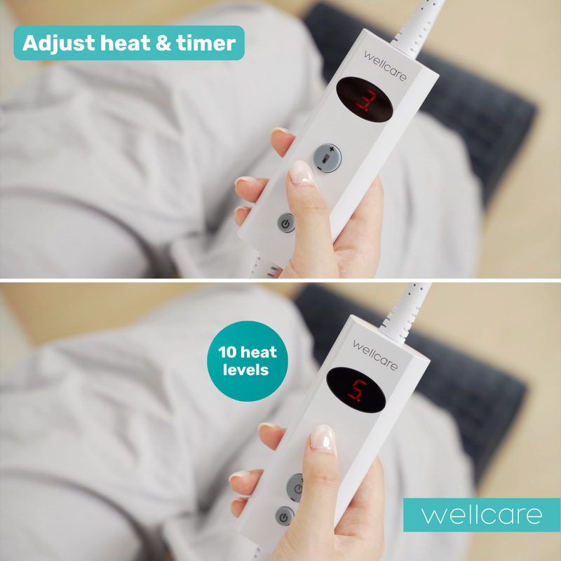 Hand holding the Wellcare foot warmer controller, with text about adjusting heat and timer and 10 heat levels