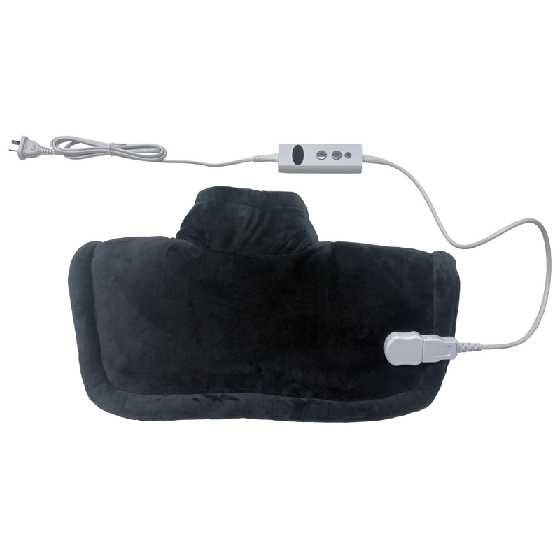 Charcoal plush Wellcare neck and shoulder heating pad with its corded controller and plug, on a white background