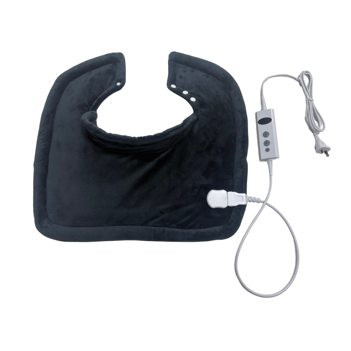 Wellcare heating pad laid flat showing the neck opening and snap buttons, on a plain white background