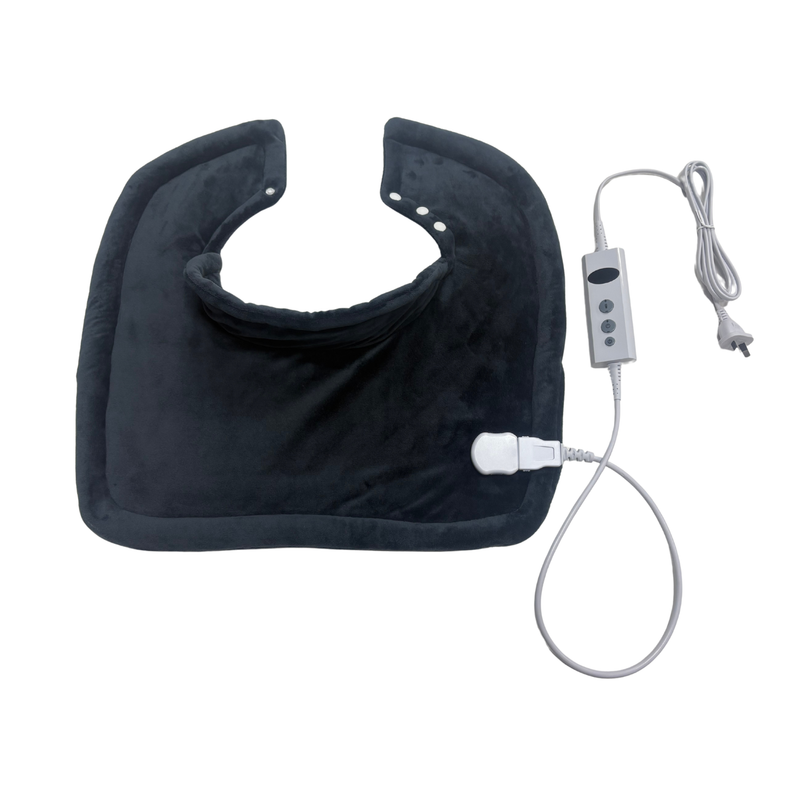 Wellcare heating pad laid flat showing the neck opening and snap buttons, on a plain white background