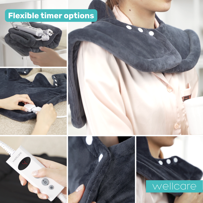 Collage of the Wellcare heating pad controller and the pad worn over the shoulders, with text about flexible timer options