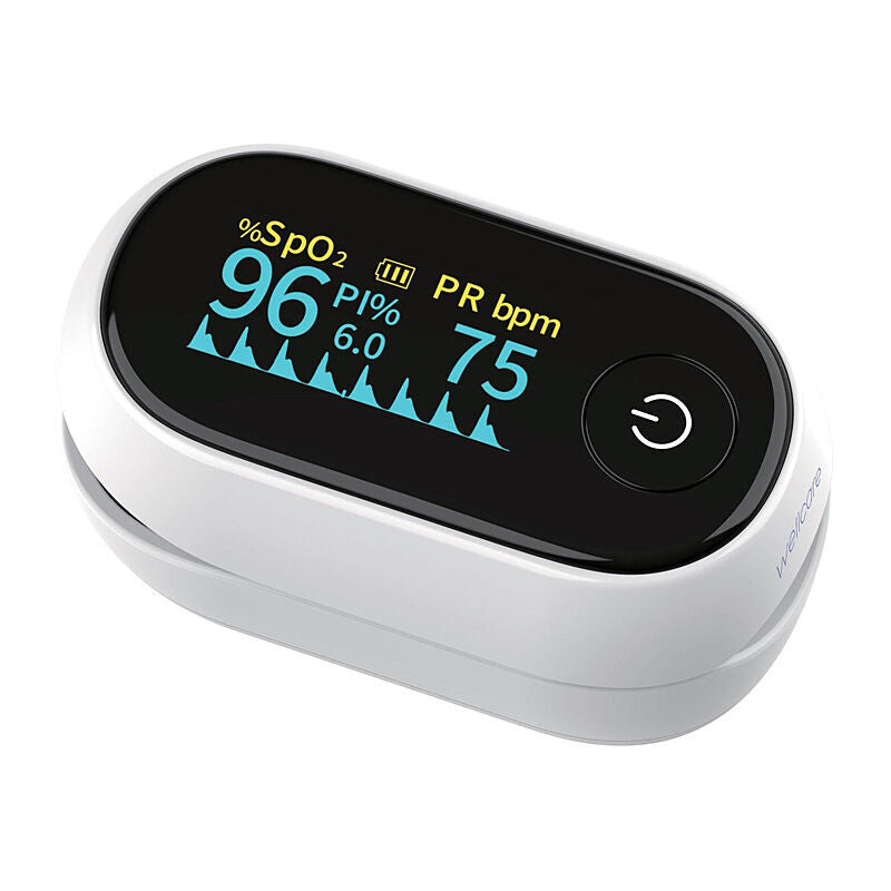 White Wellcare fingertip pulse oximeter with its OLED screen showing SpO2, PI and pulse readings, angled on a white background
