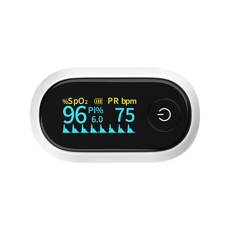 Top view of the Wellcare pulse oximeter showing the OLED screen and power button, on a plain white background
