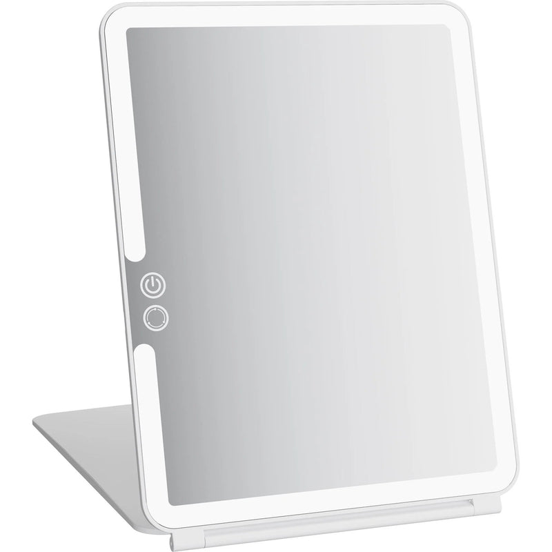 White Wellcare foldable LED makeup mirror standing on its fold-out cover, with two touch buttons on the front, on a white background