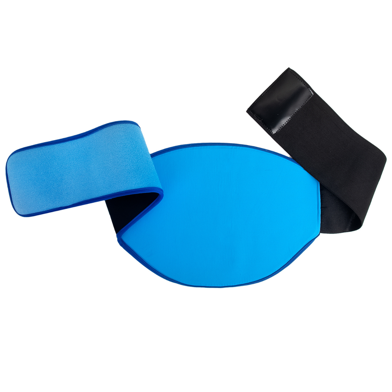 Blue Wellcare hot and cold gel back wrap with blue and black straps laid out flat on a white background