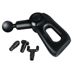 Wellcare Impact percussion massage gun in black with the ball head fitted and three spare heads laid beside it on a white background