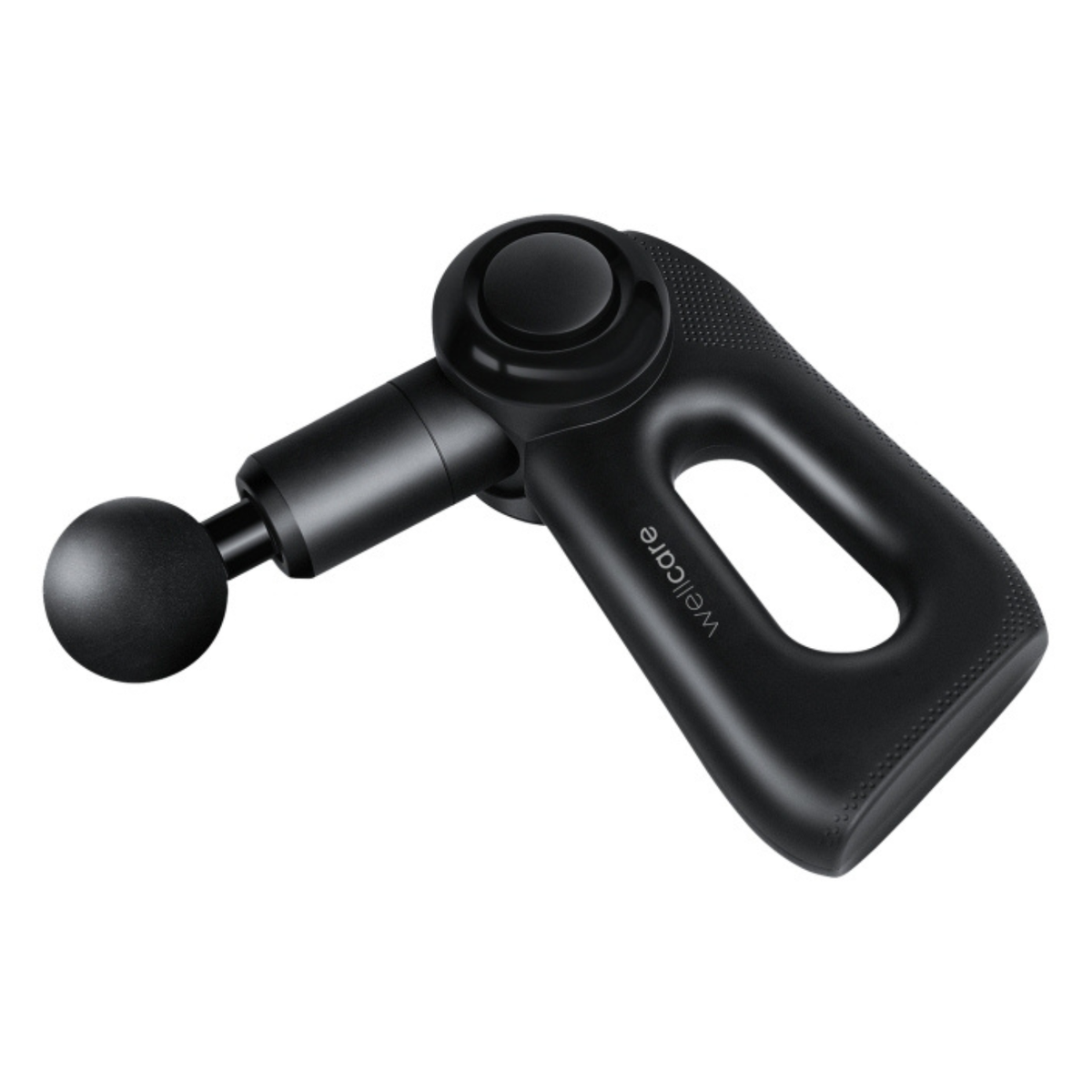 Black Wellcare Impact massage gun shown alone at an angle with the ball head fitted and the small wellcare logo on the body