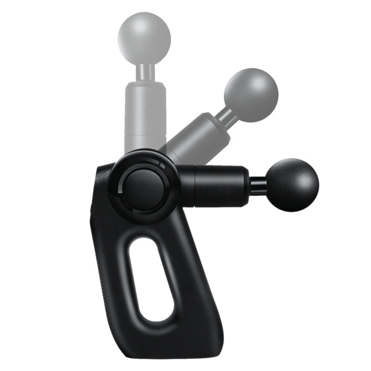 Wellcare Impact massage gun showing its three head angle positions as ghosted outlines on a white background
