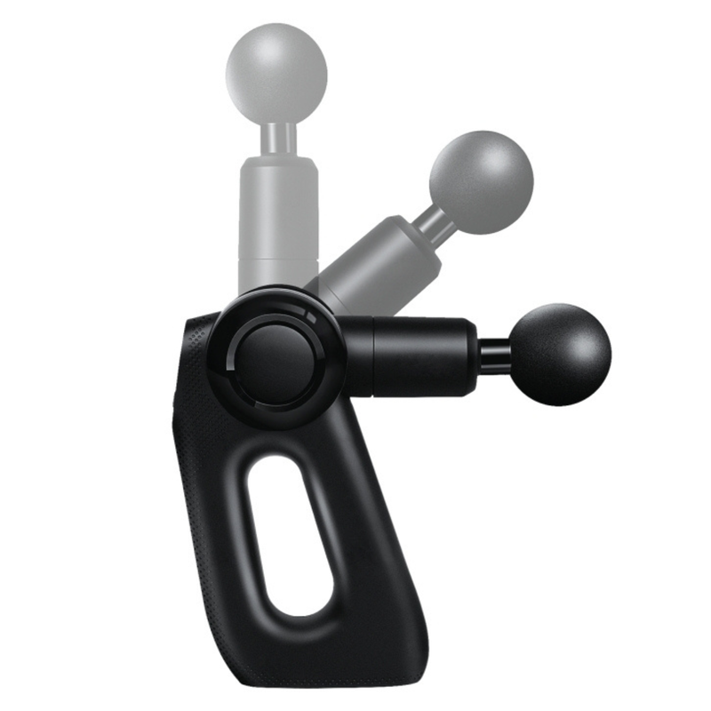 Wellcare Impact massage gun showing its three head angle positions as ghosted outlines on a white background