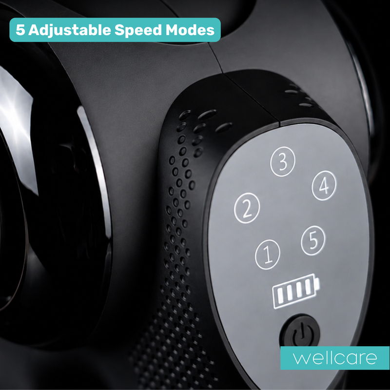 Close-up of the massage gun control panel showing the five speed numbers and the battery level bar