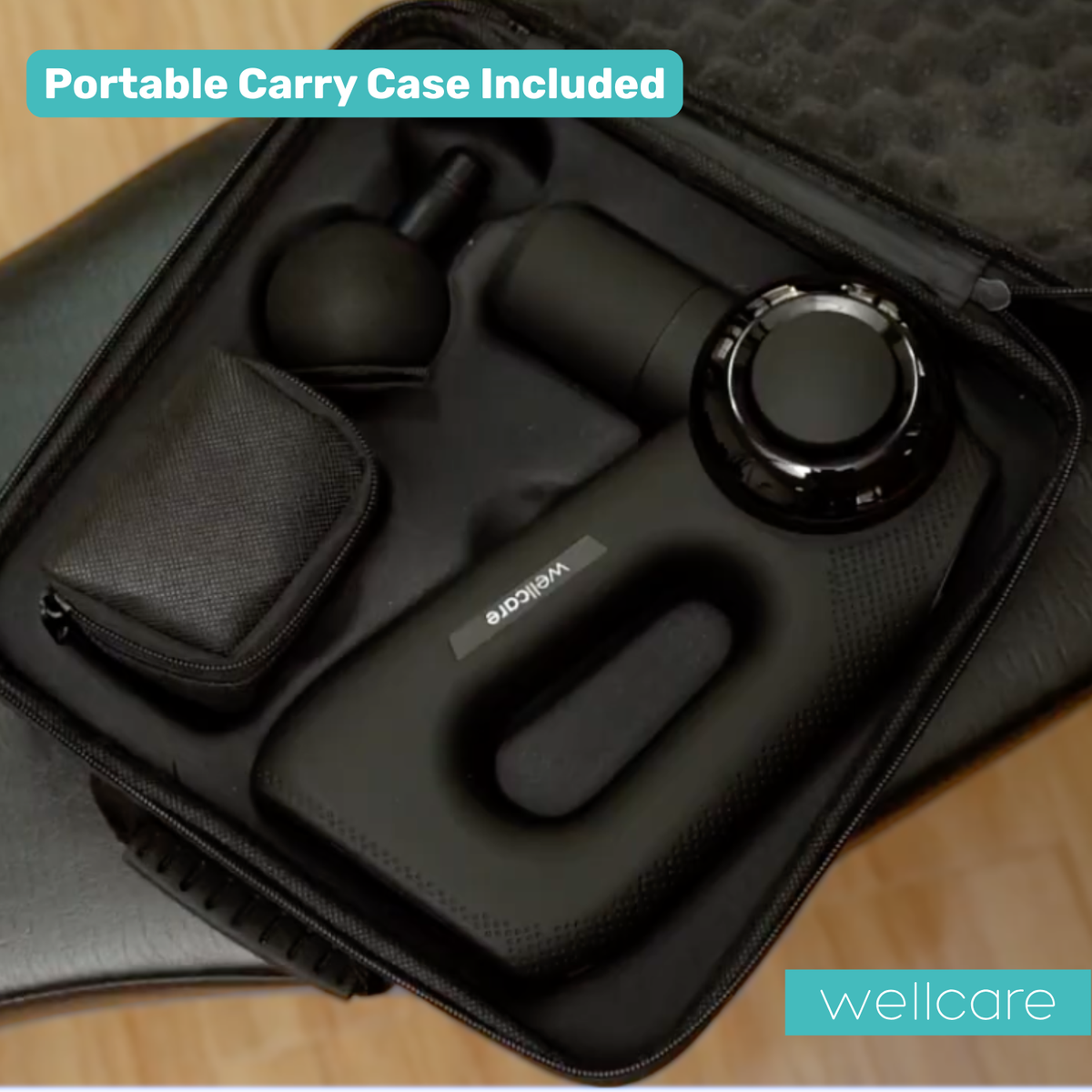 Wellcare Impact massage gun and its interchangeable heads packed inside the open zip carry case