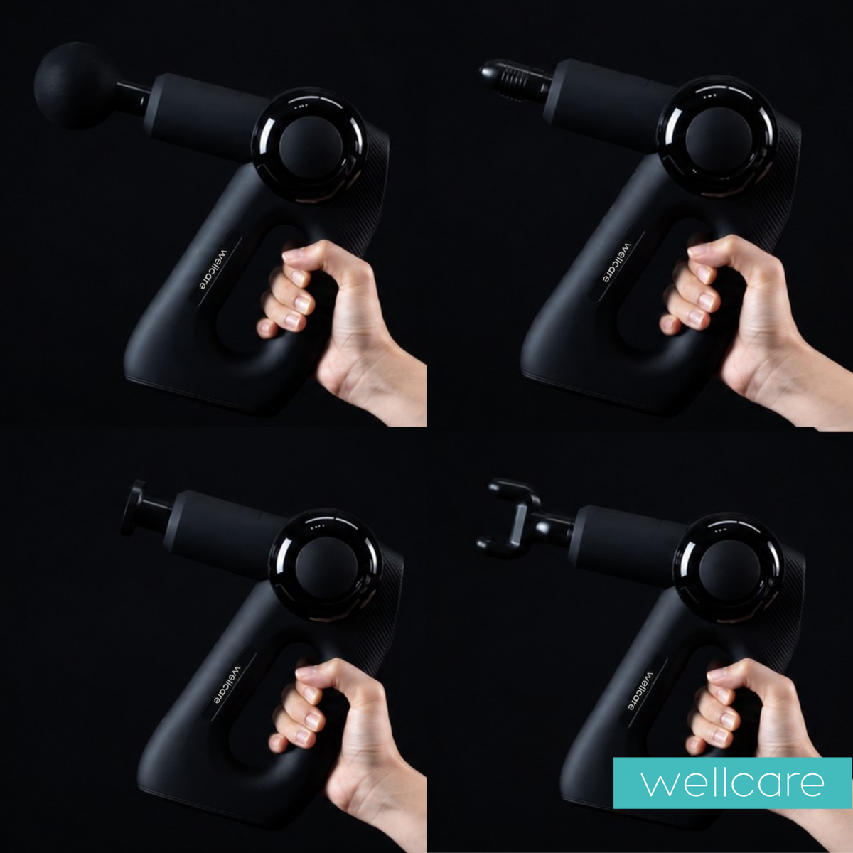 Four-panel grid of a hand holding the Wellcare Impact massage gun with each of the four heads fitted, on a dark background