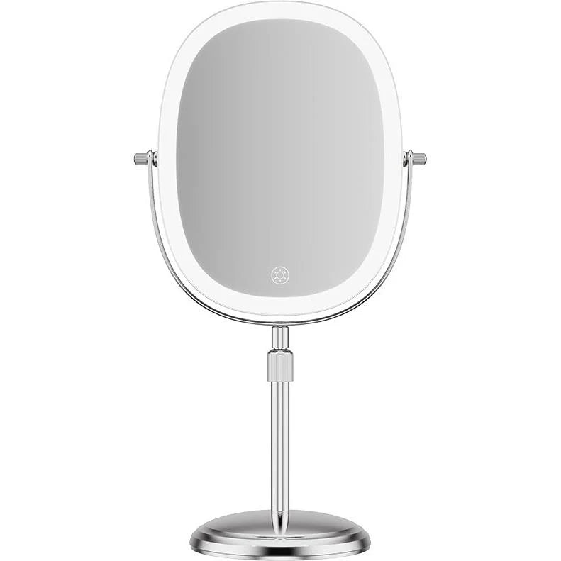 Wellcare LED table makeup mirror showing its plain face with the touch button, on a chrome stand against a white background