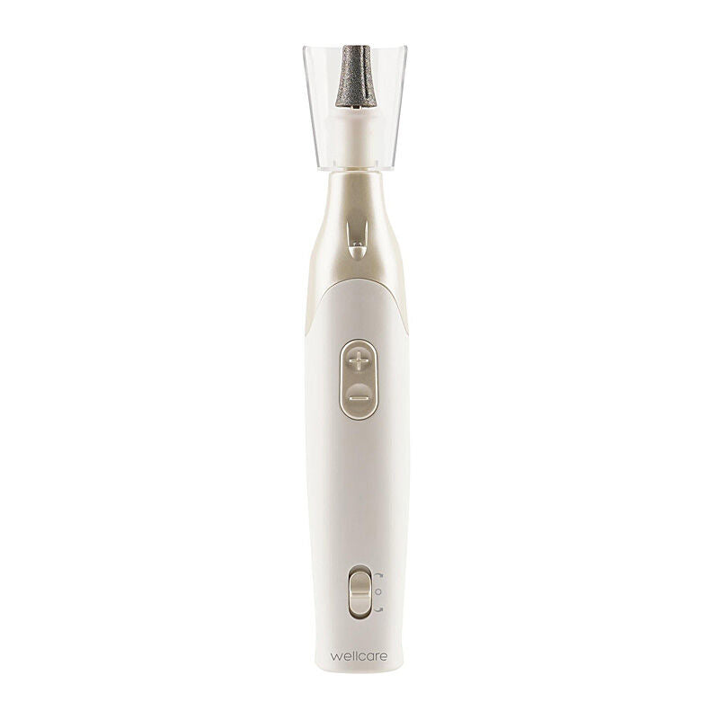 Front view of the white and champagne Wellcare manicure handpiece with its clear protective cap fitted
