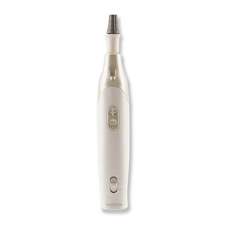Front view of the white and champagne Wellcare manicure handpiece with the cap removed, on a white background