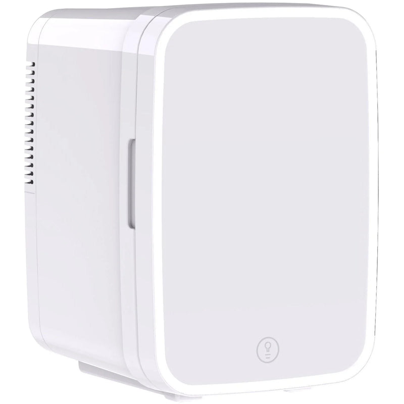 White Wellcare 4L mini cosmetic fridge, front view, with the LED-ringed mirror door and touch icon on a white background