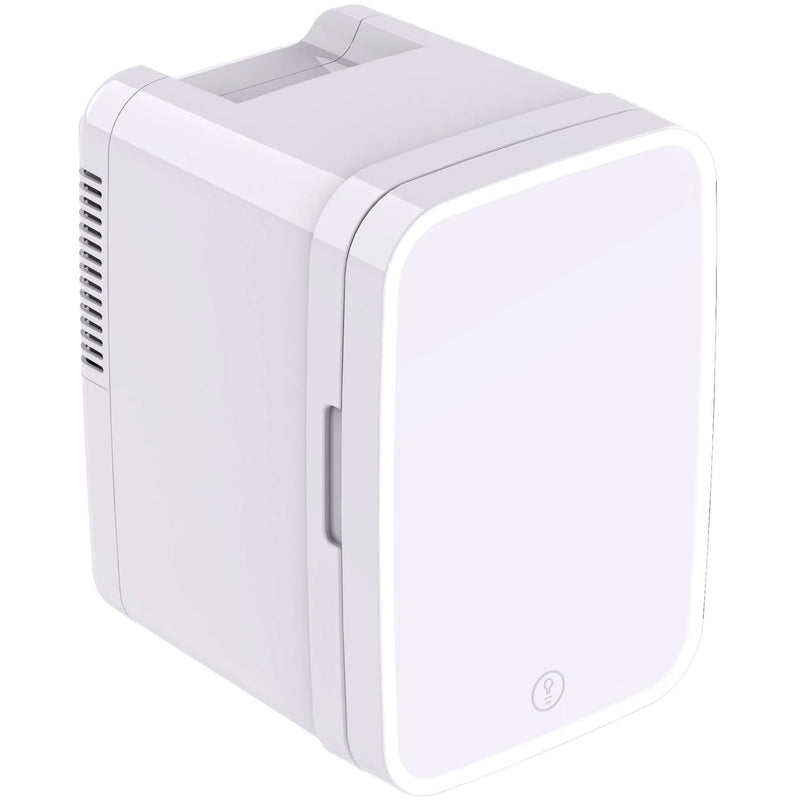 White Wellcare mini cosmetic fridge shown at an angle with its side vents and door handle, on a white background