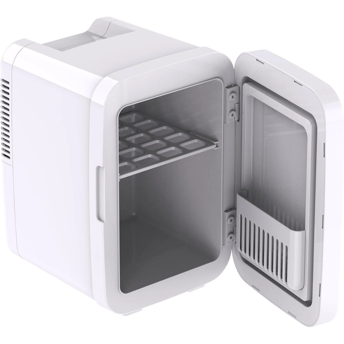Wellcare mini cosmetic fridge with the door open and empty, showing the interior shelf and door rack, on white