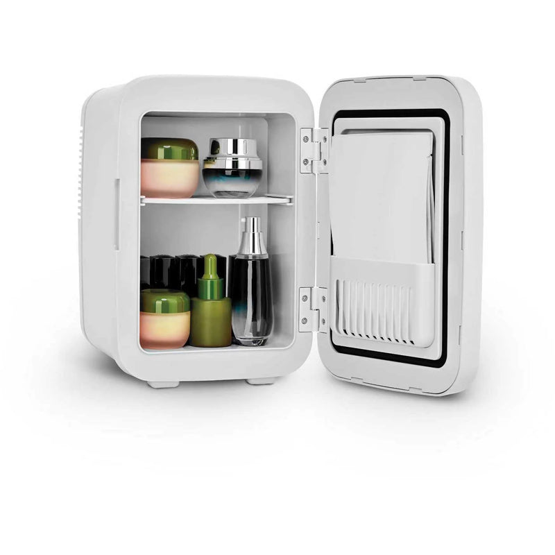 Wellcare mini cosmetic fridge open with skincare jars and bottles on the shelf, on a plain white background
