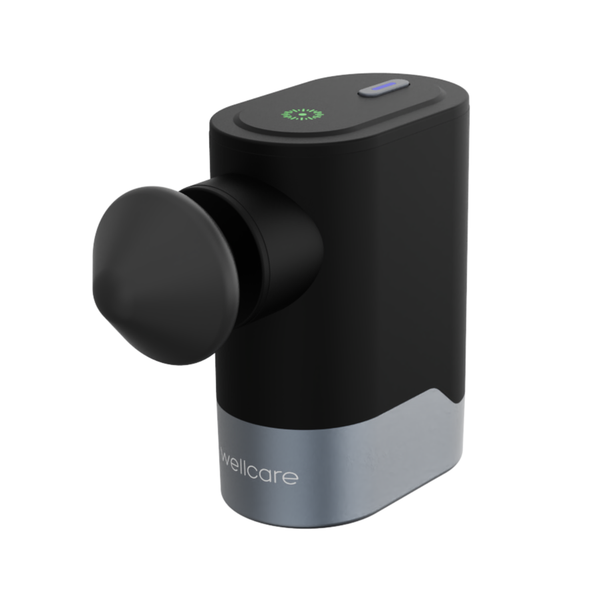 Black Wellcare Pocket Massage Gun with the round flat head fitted, on a plain white background