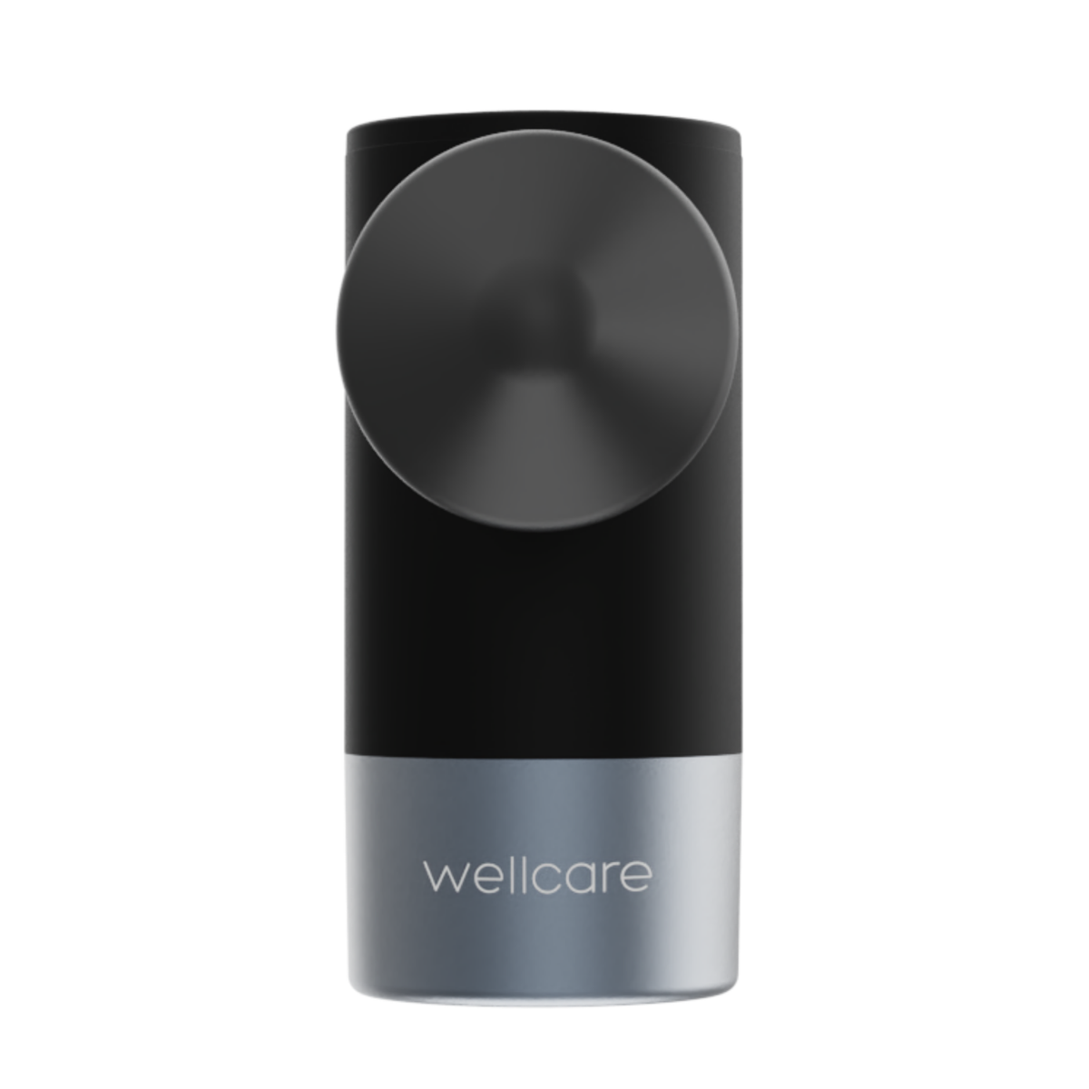 Front view of the black Wellcare Pocket Massage Gun with the round head facing forward and the wellcare logo on the base, on white