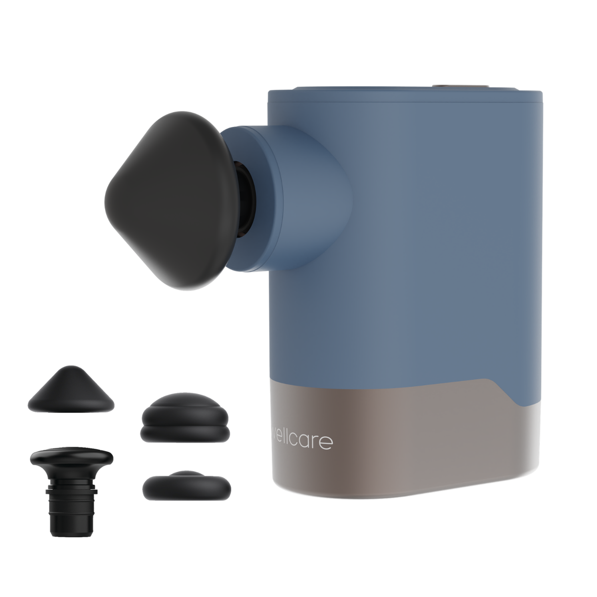 Wellcare Pocket Massage Gun in blue and taupe with the triangular head fitted and three spare heads beside it on a white background