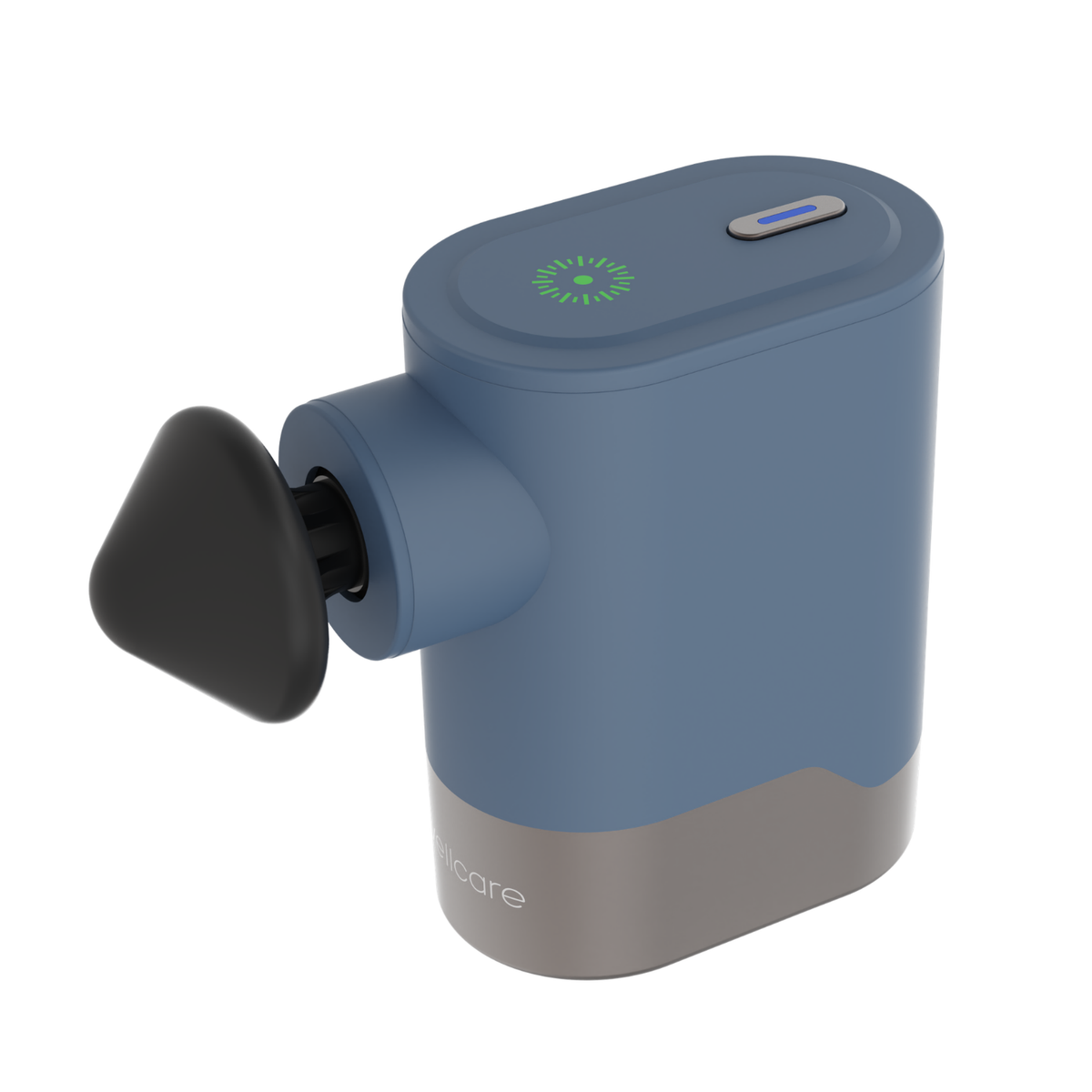 Blue Wellcare Pocket Massage Gun angled to show the top indicator, on a plain white background
