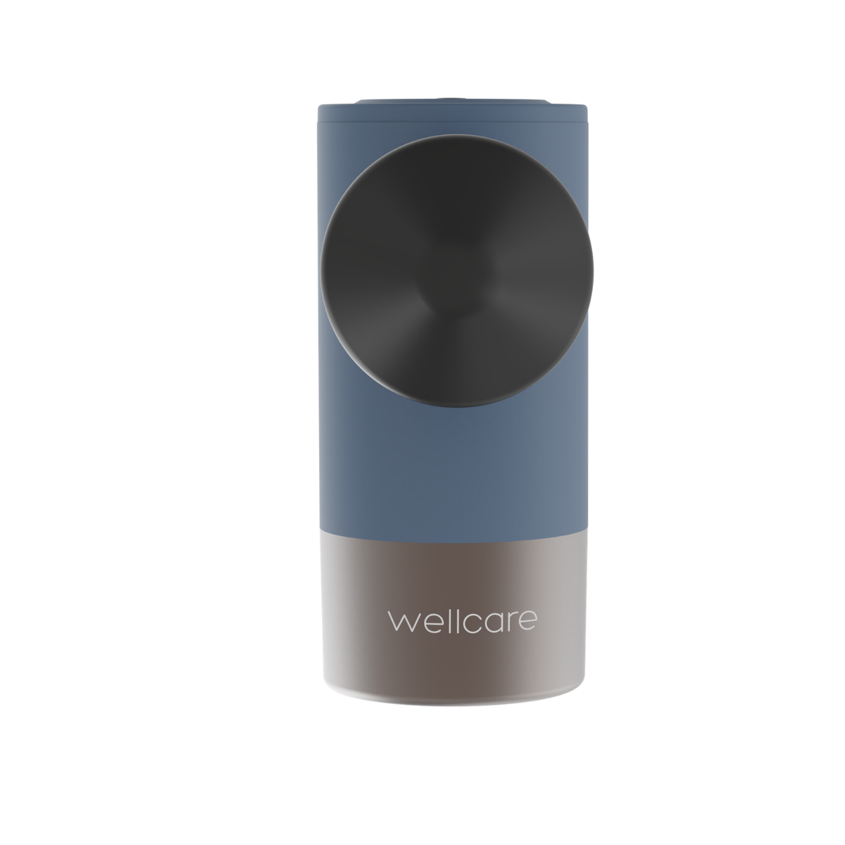 Front view of the blue Wellcare Pocket Massage Gun with the round head facing forward and the wellcare logo on the base, on white