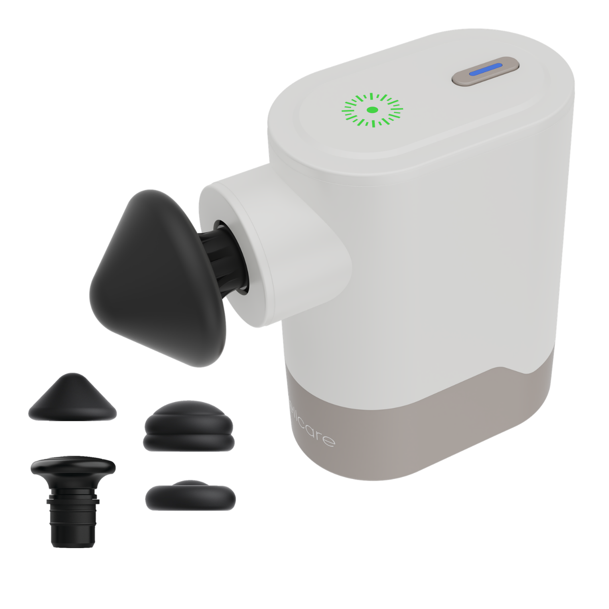Wellcare Pocket Massage Gun in white and taupe with the triangular head fitted and three spare heads beside it on a white background