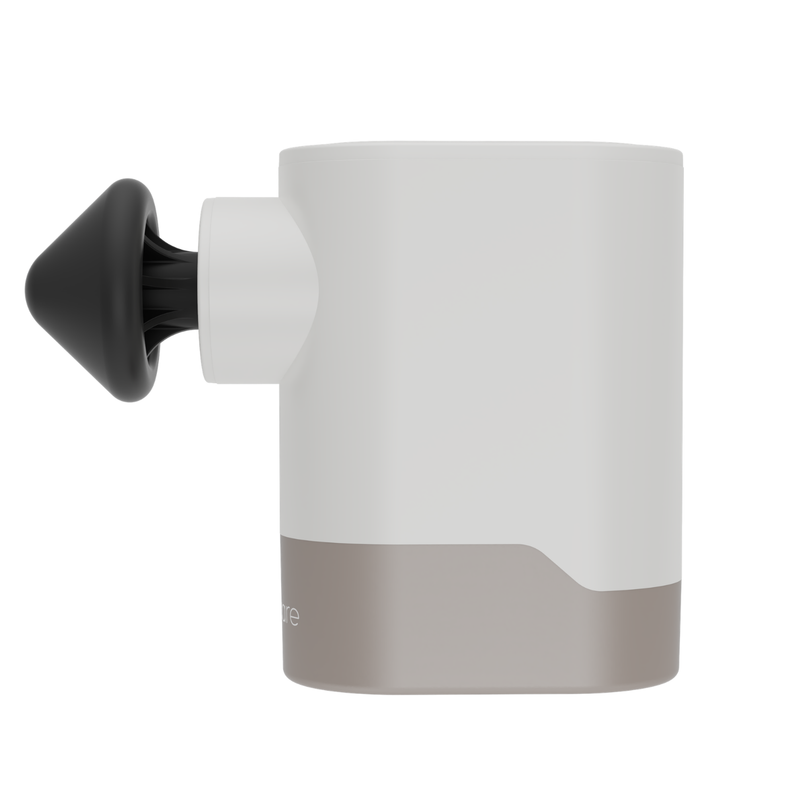 Side view of the white Wellcare Pocket Massage Gun with a head fitted, on a plain white background