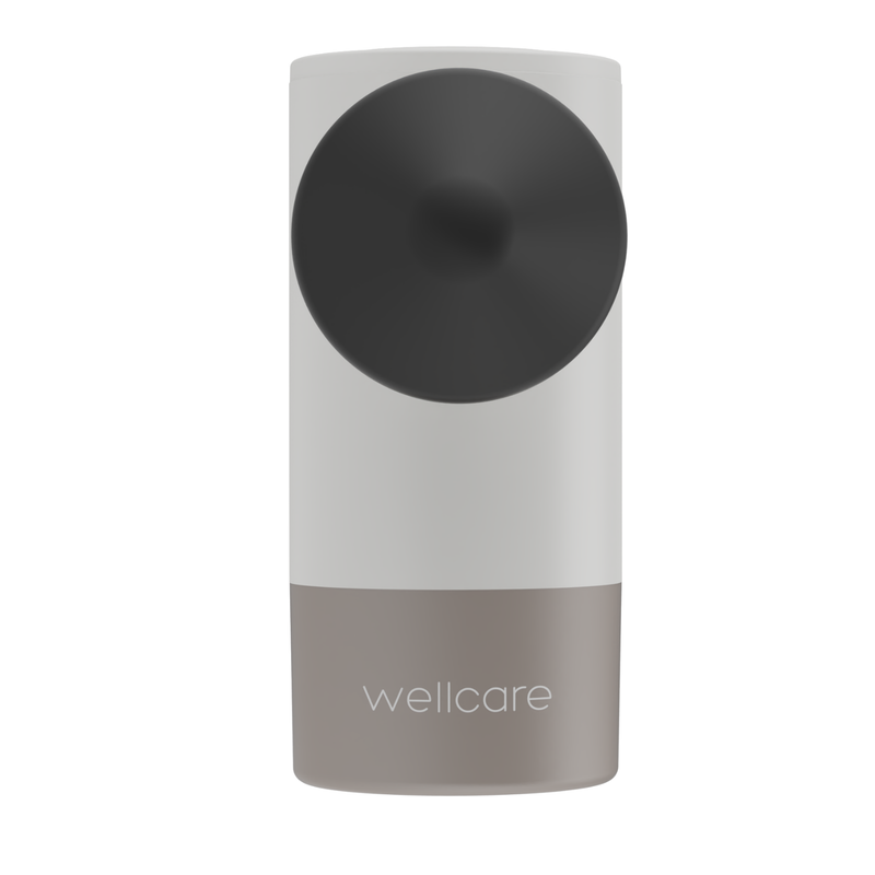 Front view of the white Wellcare Pocket Massage Gun with the round head facing forward and the wellcare logo on the base, on white
