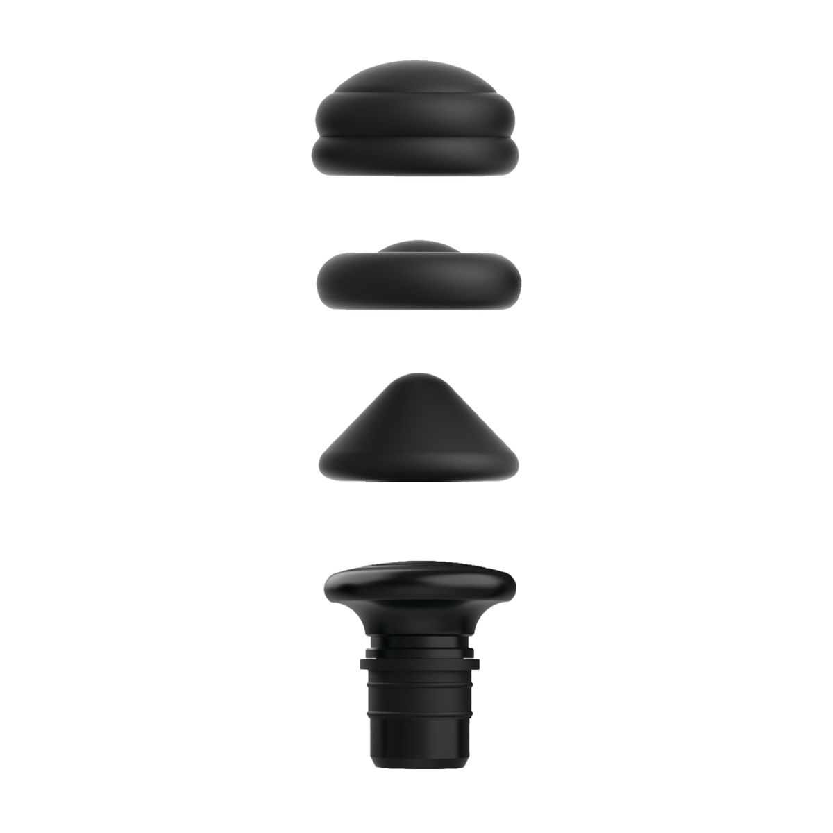 The four massage heads for the Wellcare Pocket Massage Gun stacked together on a white background