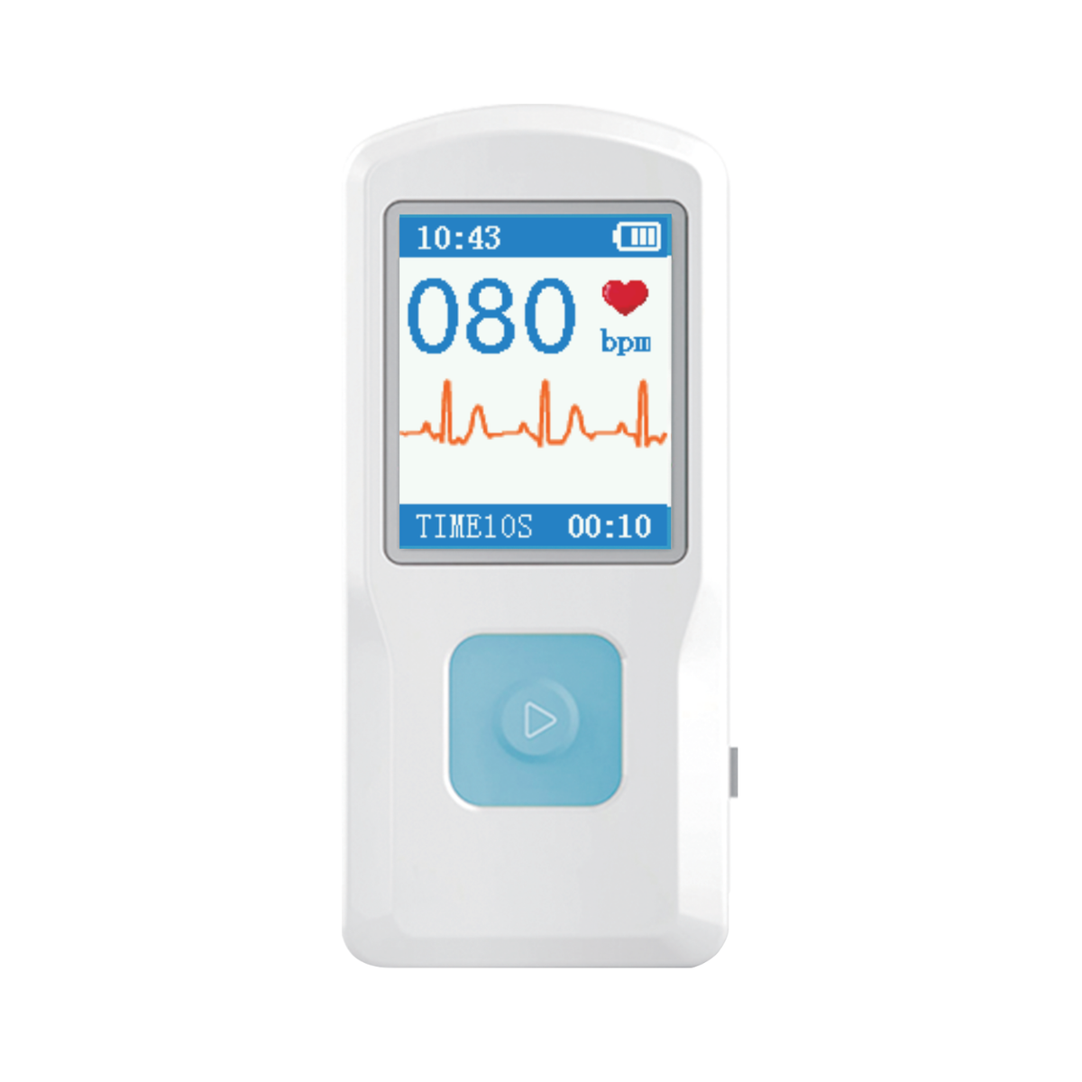 White handheld Wellcare portable ECG monitor with its colour screen showing a heart rate and ECG trace, front view on white
