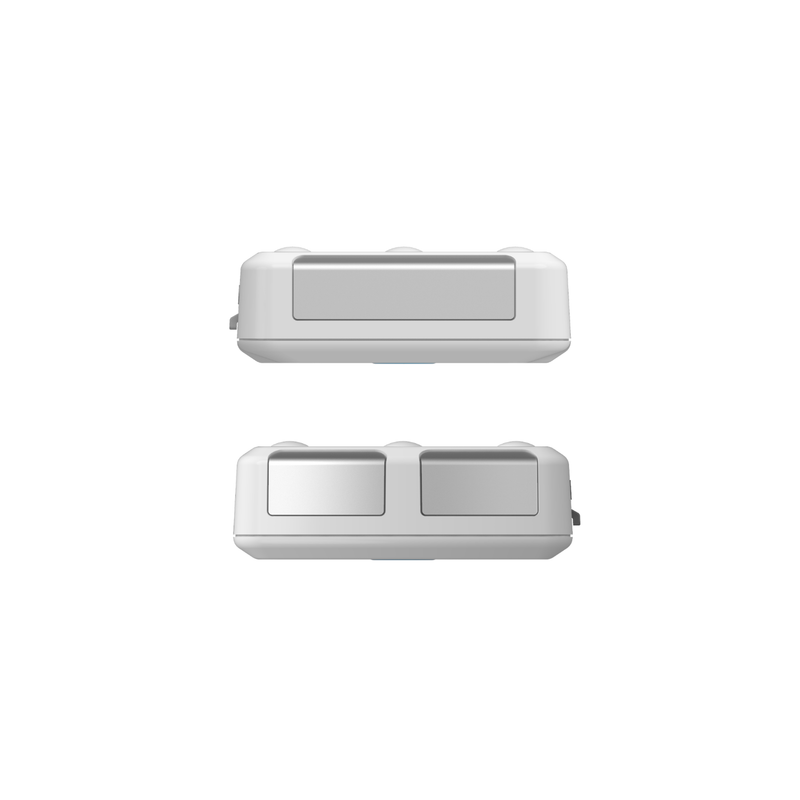 Top and bottom edges of the Wellcare portable ECG monitor showing the metal electrodes, on a white background