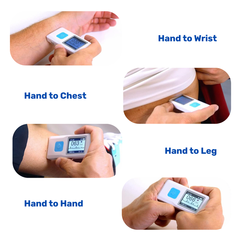 Diagram of four ways to hold the Wellcare portable ECG monitor: hand to wrist, chest, leg and hand