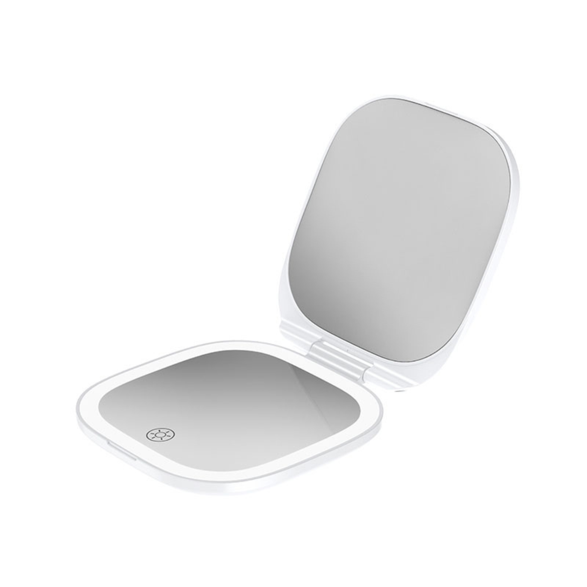White square Wellcare portable makeup mirror open, with the LED ring around the lower mirror, on a white background