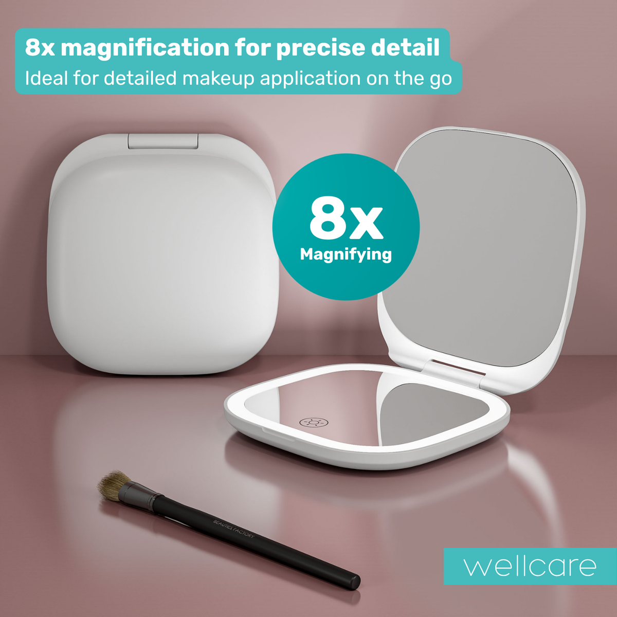 Open and closed Wellcare portable makeup mirror with text noting 8x magnification for precise detail