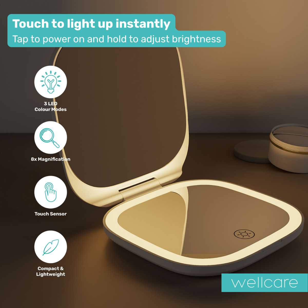 Wellcare portable makeup mirror lit up with feature icons and text about touching to light up
