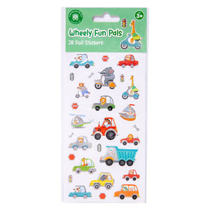 Retail packaging presentation of the Wheely Fun Pals Foil Sticker Set displaying Learning Can Be Fun branding, age recommendation and a preview of the colourful stickers included in the pack.