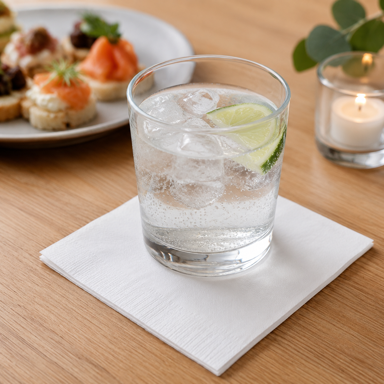 White 2 ply cocktail napkin under a clear tumbler with ice and lime, styled on a wooden table with canapes and candlelight for event drink service.