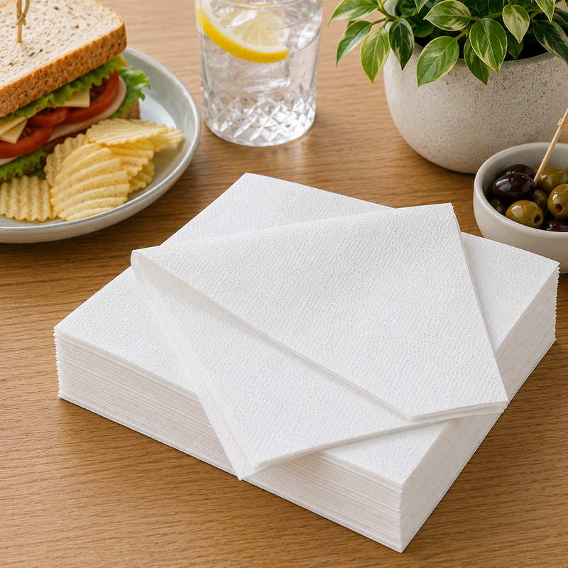 White 2 ply lunch napkins displayed with a casual lunch setting including a sandwich, chips, lemon water, olives and greenery.